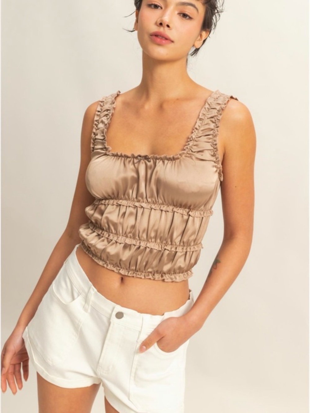 Ruched Satin Square-Neck Camisole in Tan - NWT - Small